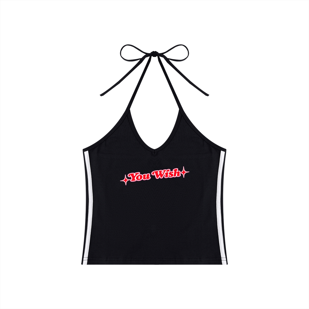 You Wish - Women's Color Block Halter Crop Tank Top - Black